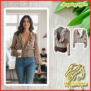 Open Edit NEW -Sz L - floral deep ruffled tiered plunge crop flowy ballon blouse